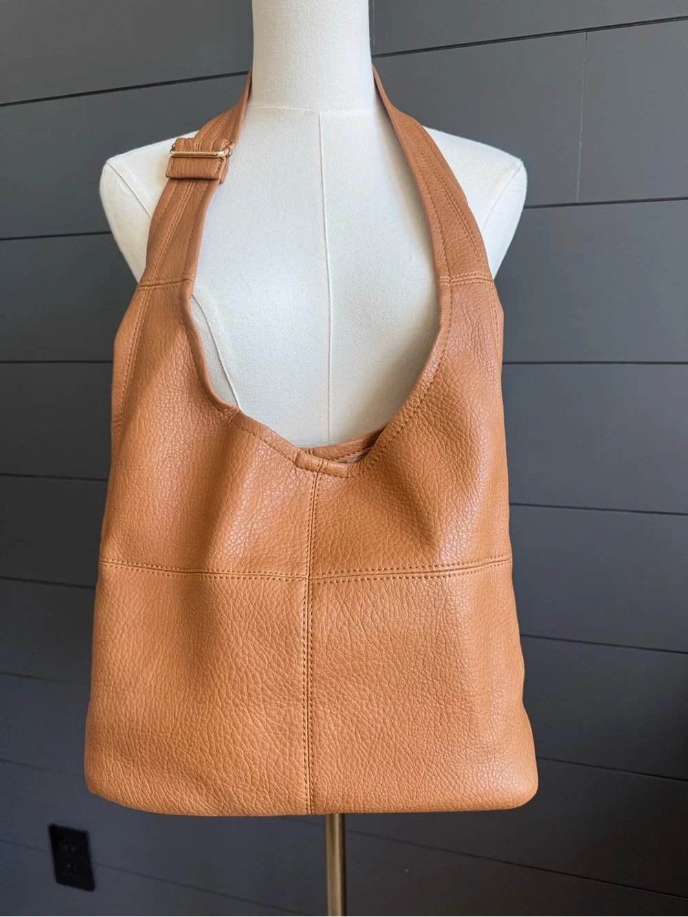 Pebbled Leather Hobo Cognac Shoulder Bag with Adjustable Strap Boho Minimalist